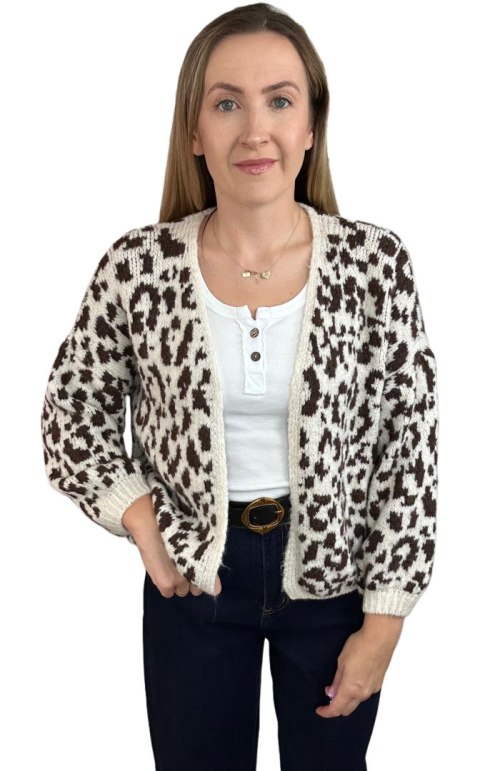 Czekoladowy sweter kardigan panterka pantera cętki szersze rękawy beżowy LEO CARDI