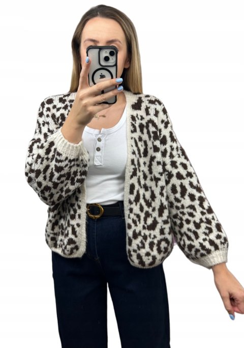 Czekoladowy sweter kardigan panterka pantera cętki szersze rękawy beżowy LEO CARDI
