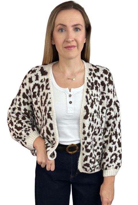 Czekoladowy sweter kardigan panterka pantera cętki szersze rękawy beżowy LEO CARDI