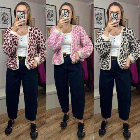 Czekoladowy sweter kardigan panterka pantera cętki szersze rękawy beżowy LEO CARDI