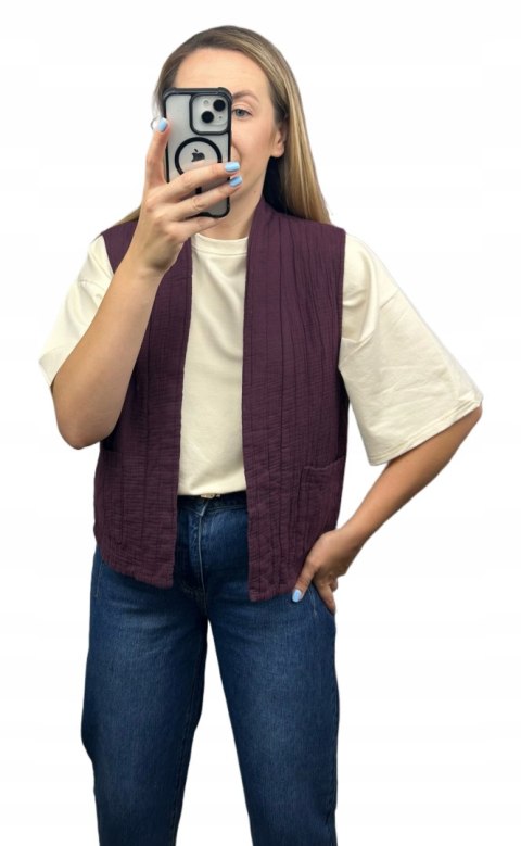 Kamizelka pikowana bawełniana kieszenie oversize burgund Wiya- CASUAL LAYER
