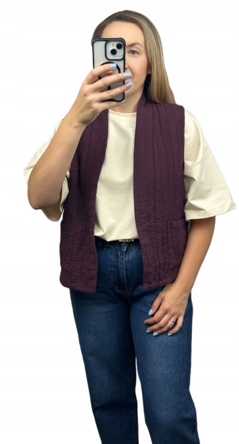 Kamizelka pikowana bawełniana kieszenie oversize burgund Wiya- CASUAL LAYER