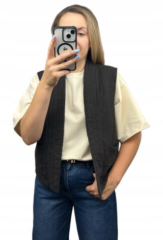 Kamizelka pikowana bawełniana kieszenie oversize czekoladowa brązowa Wiya- CASUAL LAYER