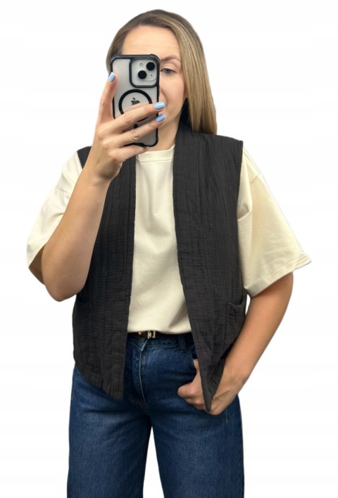 Kamizelka pikowana bawełniana kieszenie oversize czekoladowa brązowa Wiya- CASUAL LAYER