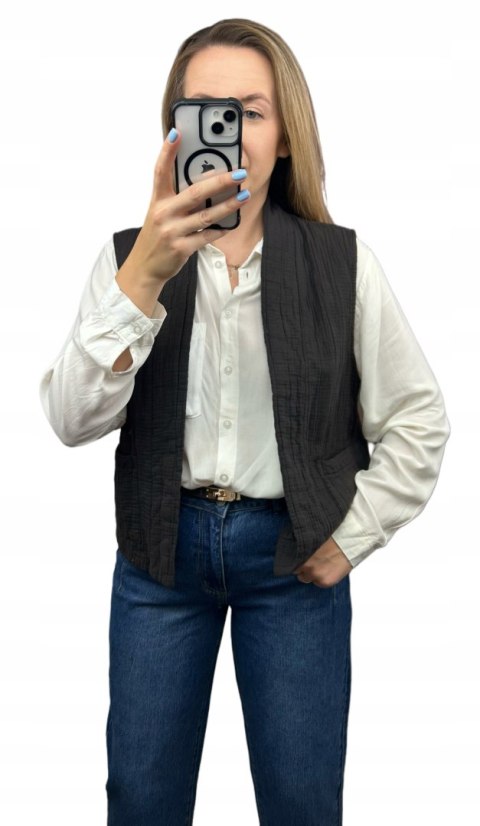 Kamizelka pikowana bawełniana kieszenie oversize czekoladowa brązowa Wiya- CASUAL LAYER