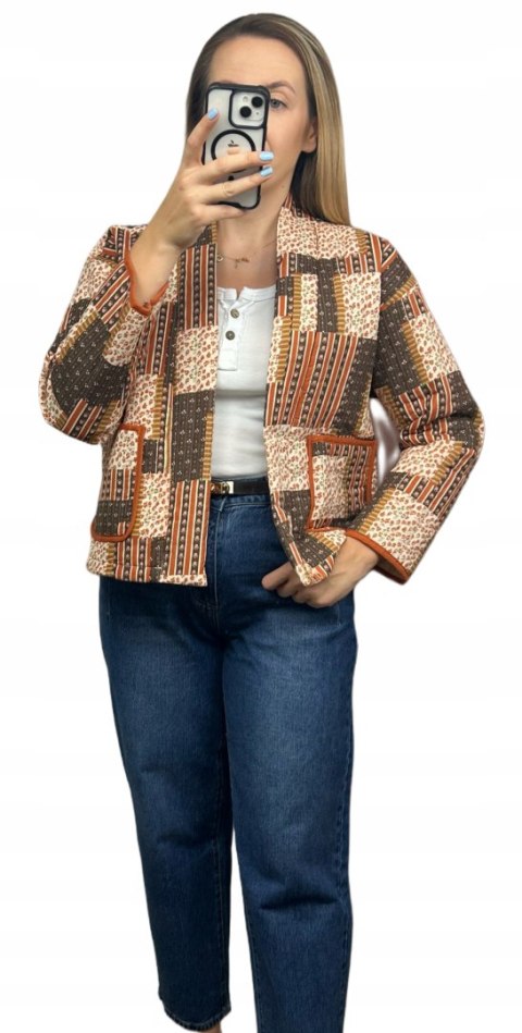 Kurtka narzutka pikowana w kwiaty panterkę boho brązowa ruda kieszenie WIYA- BOHO PATCHWORK