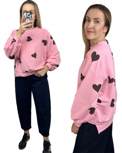 Różowa czekoladowa luźna bluza bawełniana oversize serduszka serca Azara- HEARTBEAT