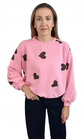 Różowa czekoladowa luźna bluza bawełniana oversize serduszka serca Azara- HEARTBEAT