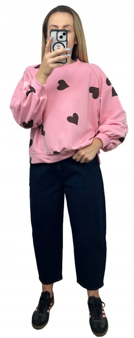 Różowa czekoladowa luźna bluza bawełniana oversize serduszka serca Azara- HEARTBEAT