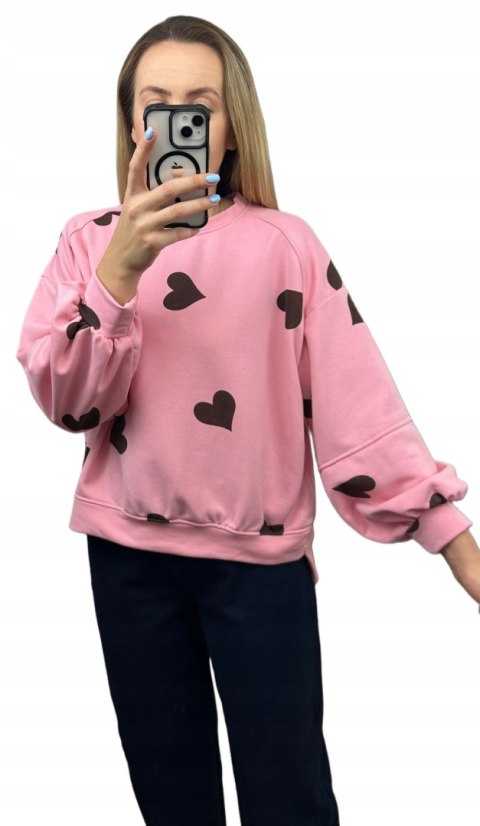 Różowa czekoladowa luźna bluza bawełniana oversize serduszka serca Azara- HEARTBEAT
