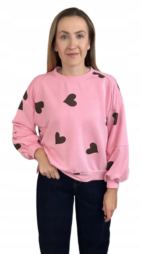 Różowa czekoladowa luźna bluza bawełniana oversize serduszka serca Azara- HEARTBEAT