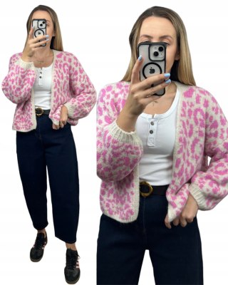Różowy sweter kardigan panterka pantera cętki szersze rękawy beżowy LEO CARDI