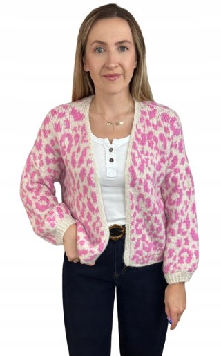 Różowy sweter kardigan panterka pantera cętki szersze rękawy beżowy LEO CARDI