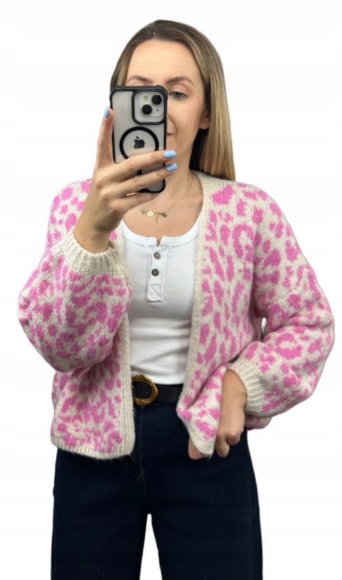 Różowy sweter kardigan panterka pantera cętki szersze rękawy beżowy LEO CARDI