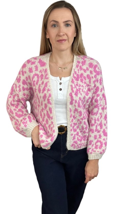Różowy sweter kardigan panterka pantera cętki szersze rękawy beżowy LEO CARDI