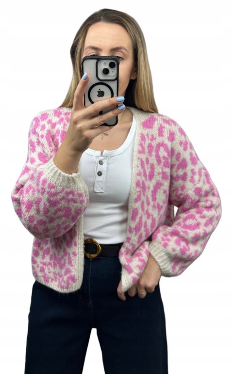Różowy sweter kardigan panterka pantera cętki szersze rękawy beżowy LEO CARDI