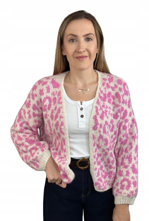 Różowy sweter kardigan panterka pantera cętki szersze rękawy beżowy LEO CARDI