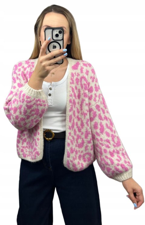 Różowy sweter kardigan panterka pantera cętki szersze rękawy beżowy LEO CARDI