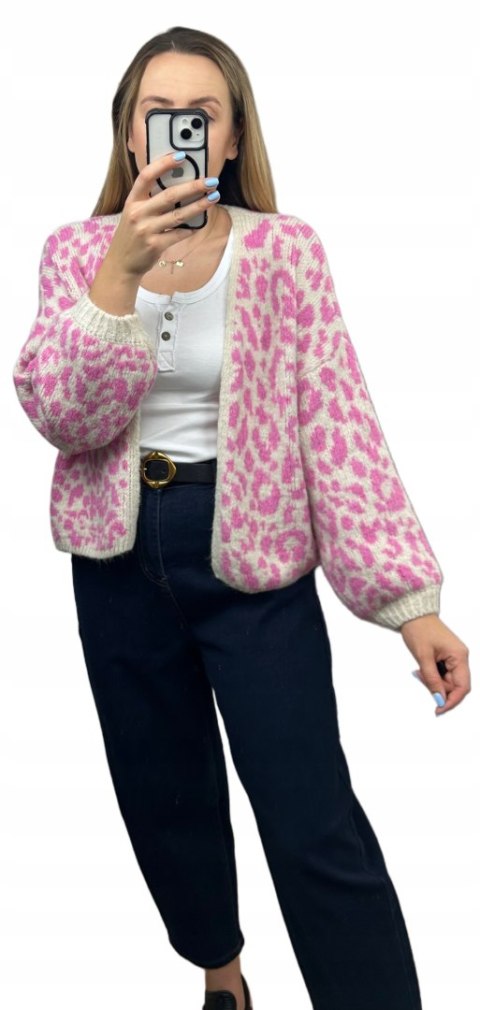 Różowy sweter kardigan panterka pantera cętki szersze rękawy beżowy LEO CARDI