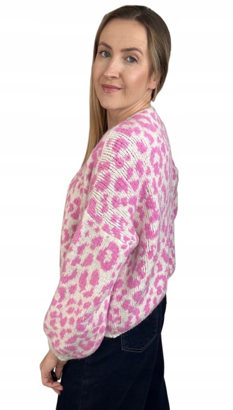 Różowy sweter kardigan panterka pantera cętki szersze rękawy beżowy LEO CARDI