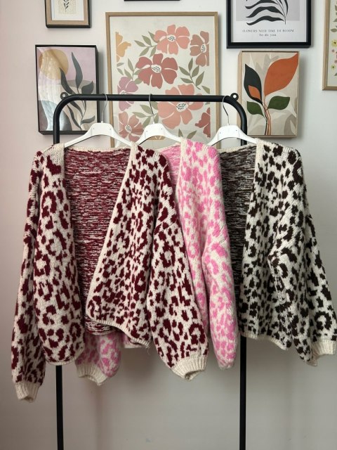 Różowy sweter kardigan panterka pantera cętki szersze rękawy beżowy LEO CARDI