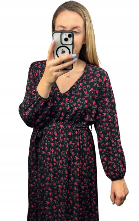 Sukienka midi dłuższa w kwiaty z rozcięciem szerokie rękawy czarna czerwona- FLORA Sukienka midi dłuższa w kwiaty z rozcięciem szerokie rękawy czarna czerwona- FLORA
