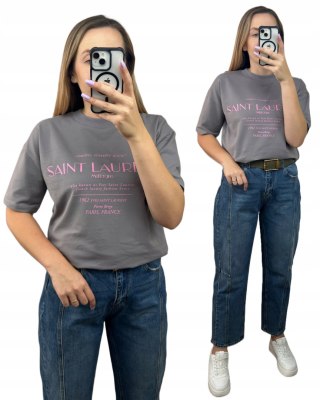 Szary różowy napis oversize t-shirt bawełniany Millagro - SAINT LAUREN