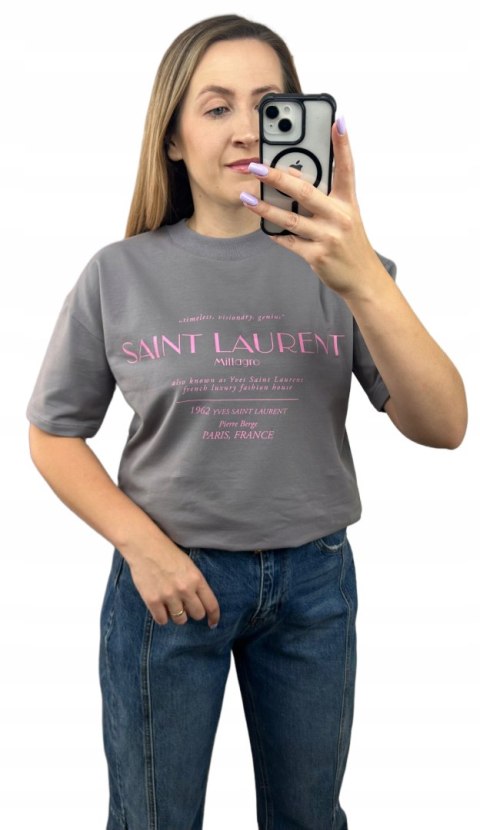 Szary różowy napis oversize t-shirt bawełniany Millagro - SAINT LAUREN