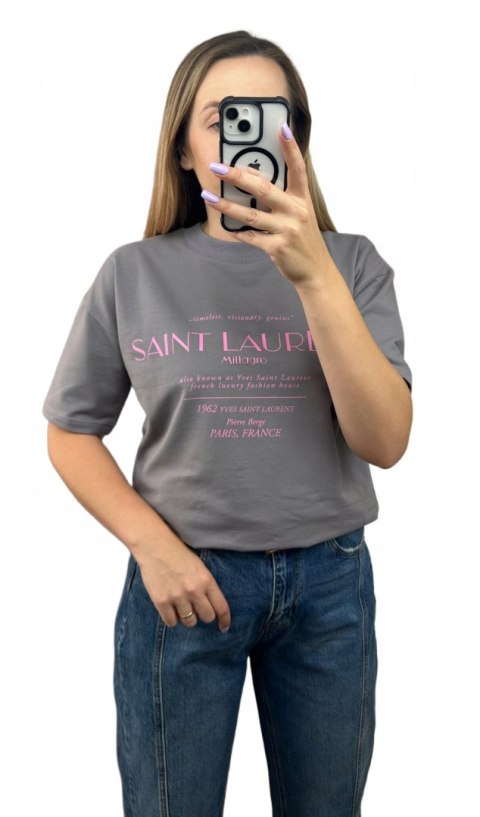 Szary różowy napis oversize t-shirt bawełniany Millagro - SAINT LAUREN