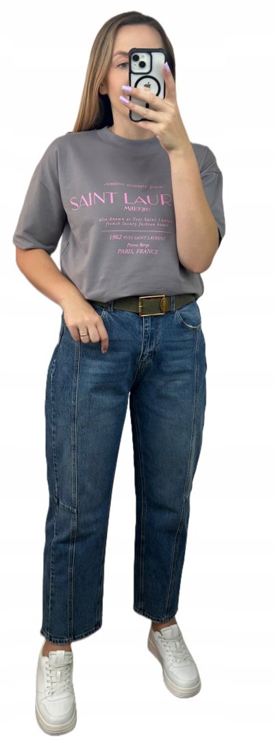Szary różowy napis oversize t-shirt bawełniany Millagro - SAINT LAUREN