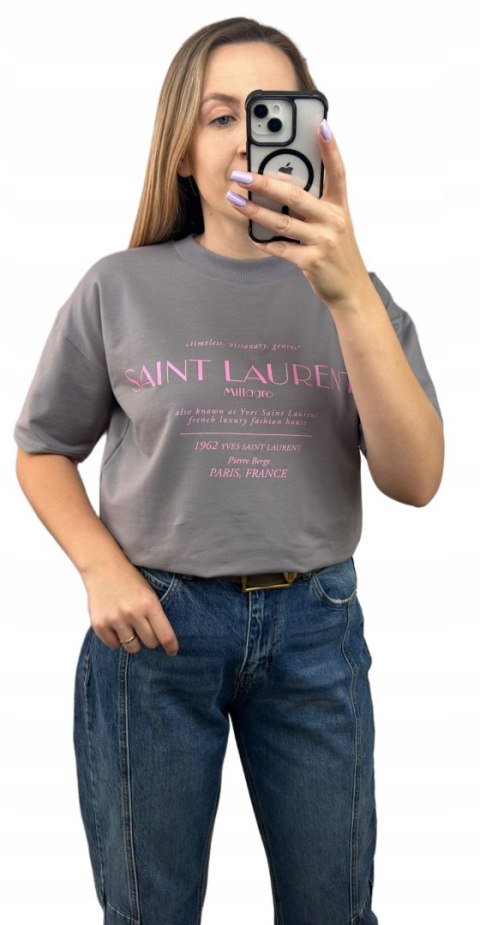Szary różowy napis oversize t-shirt bawełniany Millagro - SAINT LAUREN
