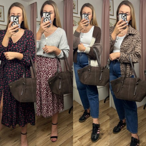 Torebka shopper brązowa czekoladowa skórzana zamszowa zamsz Laura Biaggi - ROMA Torebka shopper brązowa czekoladowa skórzana zamszowa zamsz Laura Biaggi - ROMA