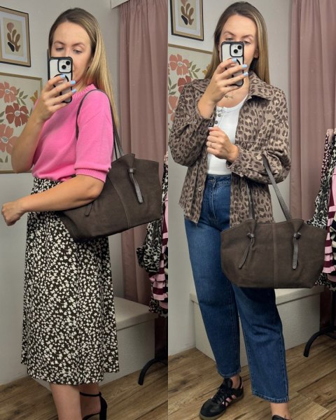 Torebka shopper brązowa czekoladowa skórzana zamszowa zamsz Laura Biaggi - ROMA Torebka shopper brązowa czekoladowa skórzana zamszowa zamsz Laura Biaggi - ROMA