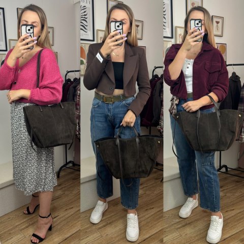 Torebka skórzana zamszowa zamsz czekoladowa brązowa duża maxi Laura Biaggi- MAXI SUEDE
