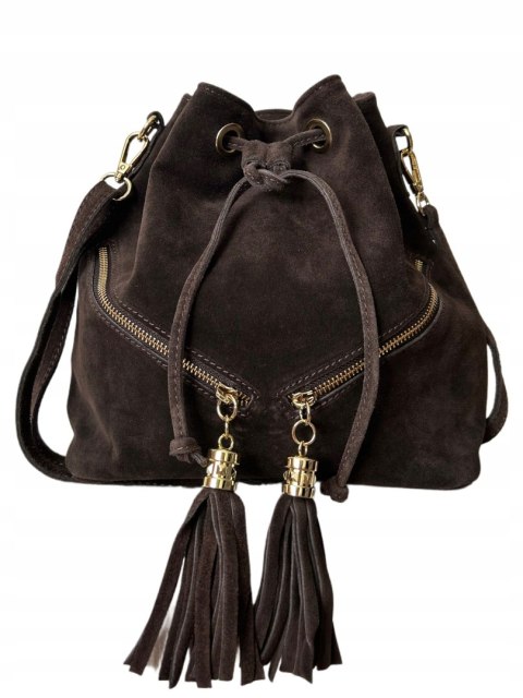 Torebka worek zamsz naturalny skóra brązowa czekolada frędzle Laura Biaggi - BOHO CHIC Torebka worek zamsz naturalny skóra brązowa czekolada frędzle Laura Biaggi - BOHO CHIC