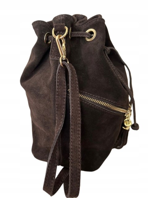 Torebka worek zamsz naturalny skóra brązowa czekolada frędzle Laura Biaggi - BOHO CHIC Torebka worek zamsz naturalny skóra brązowa czekolada frędzle Laura Biaggi - BOHO CHIC