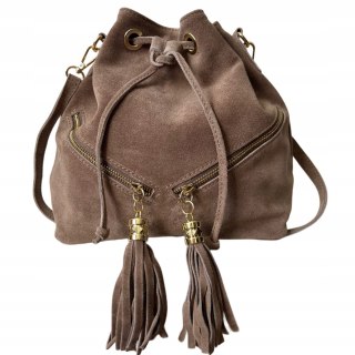Torebka worek zamsz naturalny skóra jasny brąz mocha frędzle Laura Biaggi - BOHO CHIC