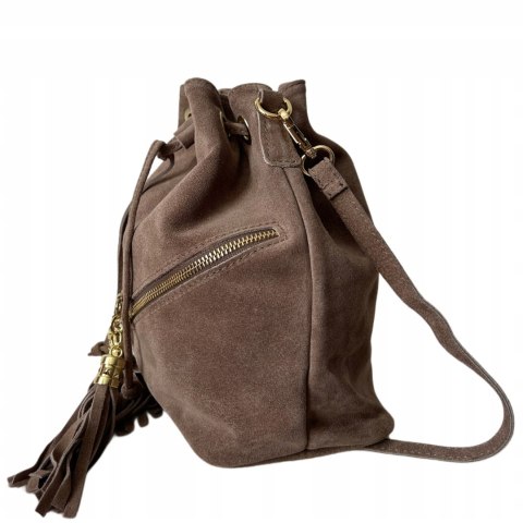 Torebka worek zamsz naturalny skóra jasny brąz mocha frędzle Laura Biaggi - BOHO CHIC Torebka worek zamsz naturalny skóra jasny brąz mocha frędzle Laura Biaggi - BOHO CHIC