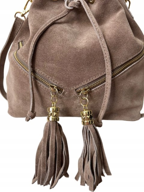 Torebka worek zamsz naturalny skóra jasny brąz mocha frędzle Laura Biaggi - BOHO CHIC Torebka worek zamsz naturalny skóra jasny brąz mocha frędzle Laura Biaggi - BOHO CHIC