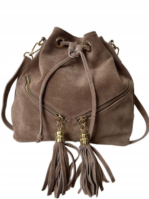 Torebka worek zamsz naturalny skóra jasny brąz mocha frędzle Laura Biaggi - BOHO CHIC Torebka worek zamsz naturalny skóra jasny brąz mocha frędzle Laura Biaggi - BOHO CHIC
