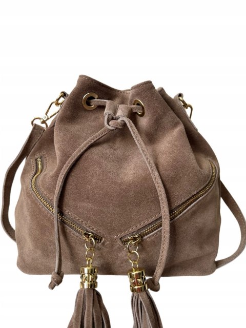 Torebka worek zamsz naturalny skóra jasny brąz mocha frędzle Laura Biaggi - BOHO CHIC Torebka worek zamsz naturalny skóra jasny brąz mocha frędzle Laura Biaggi - BOHO CHIC