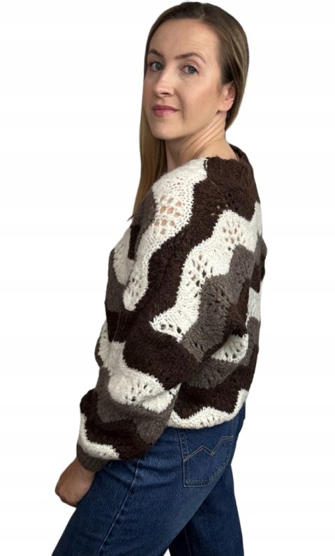 Uroczy sweter kardigan zyg zak ażurowy guziki serduszka beżowy brązowy- SOFT WAVES