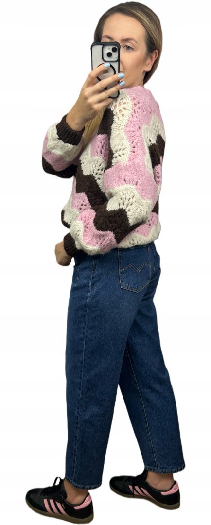 Uroczy sweter kardigan zyg zak ażurowy guziki serduszka różowy brązowy- SOFT WAVES