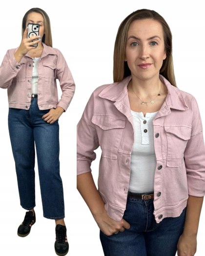Włoska pudrowy róż różowy katana kurtka jeansowa bawełniana kieszenie luźna- EVERYDAY COMFORT