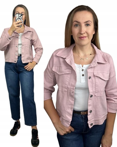 Włoska pudrowy róż różowy katana kurtka jeansowa bawełniana kieszenie luźna- EVERYDAY COMFORT