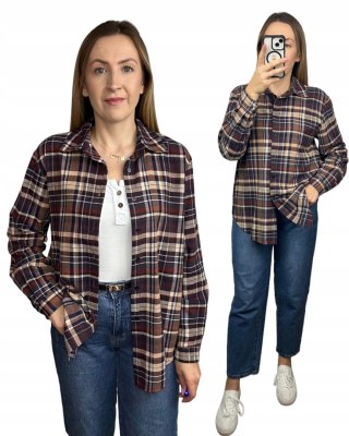Bawełniana koszula flanelowa w kratę kratkę luźna granat beż brąz- FLANELLA