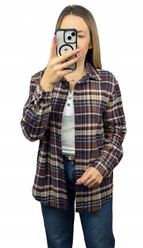 Bawełniana koszula flanelowa w kratę kratkę luźna granat beż brąz- FLANELLA