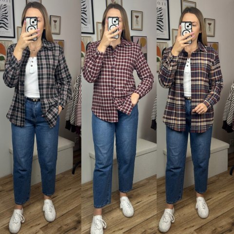 Bawełniana koszula flanelowa w kratę kratkę luźna granat beż brąz- FLANELLA