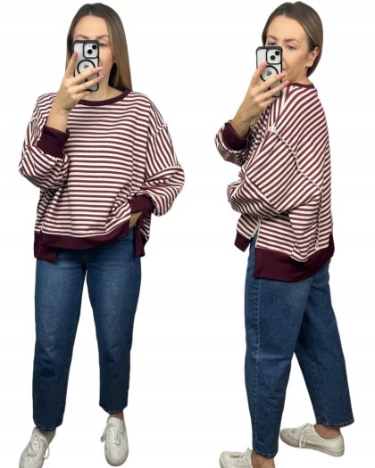 Bluza oversize luźna w poziome paski bawełniana rozcięcia bordo Azara- CUT