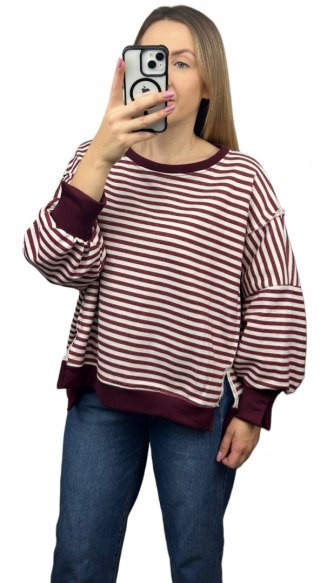 Bluza oversize luźna w poziome paski bawełniana rozcięcia bordo Azara- CUT